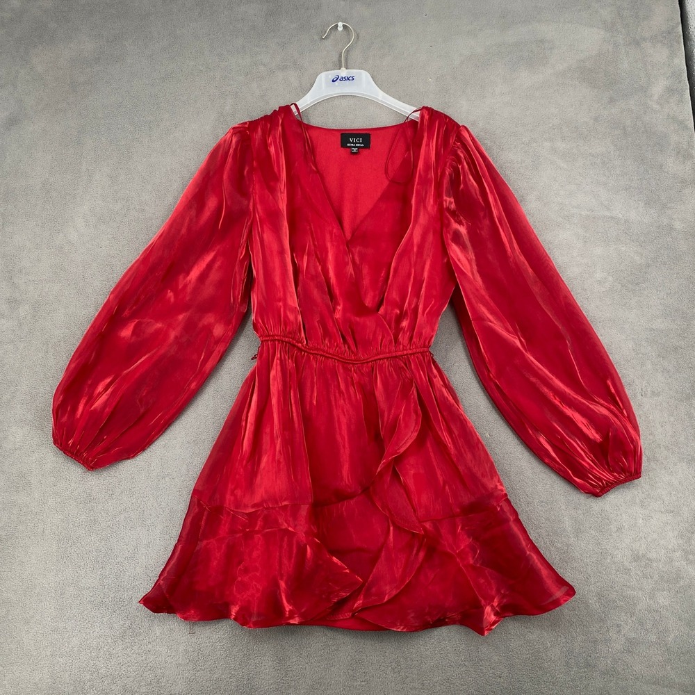 VICI Red Shimmer Long Sleeve V-Neck Ruffle Mini Dress XS
